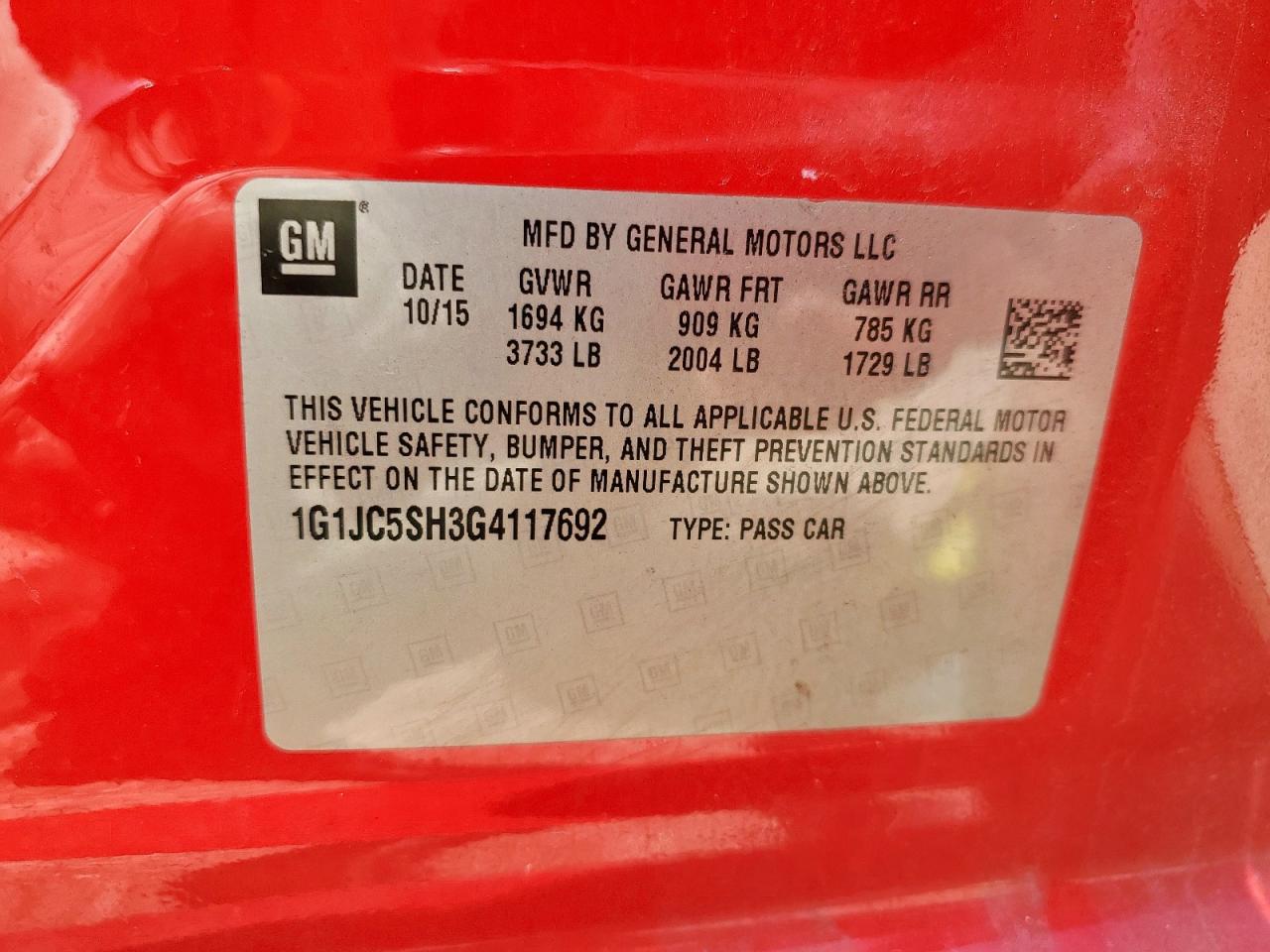 2016 Chevrolet Sonic Lt VIN: 1G1JC5SH3G4117692 Lot: 64891905