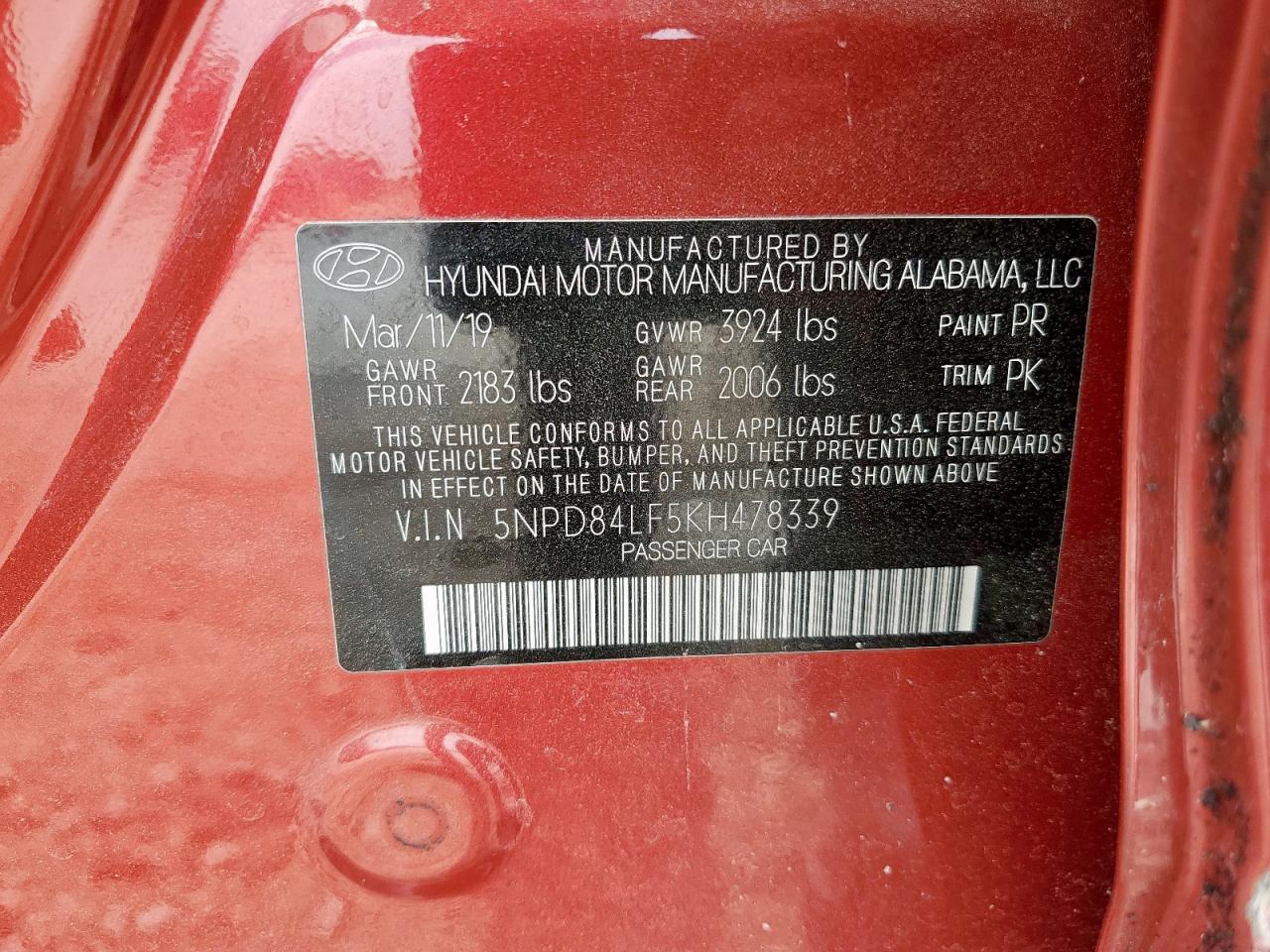 2019 Hyundai Elantra Sel VIN: 5NPD84LF5KH478339 Lot: 63086145