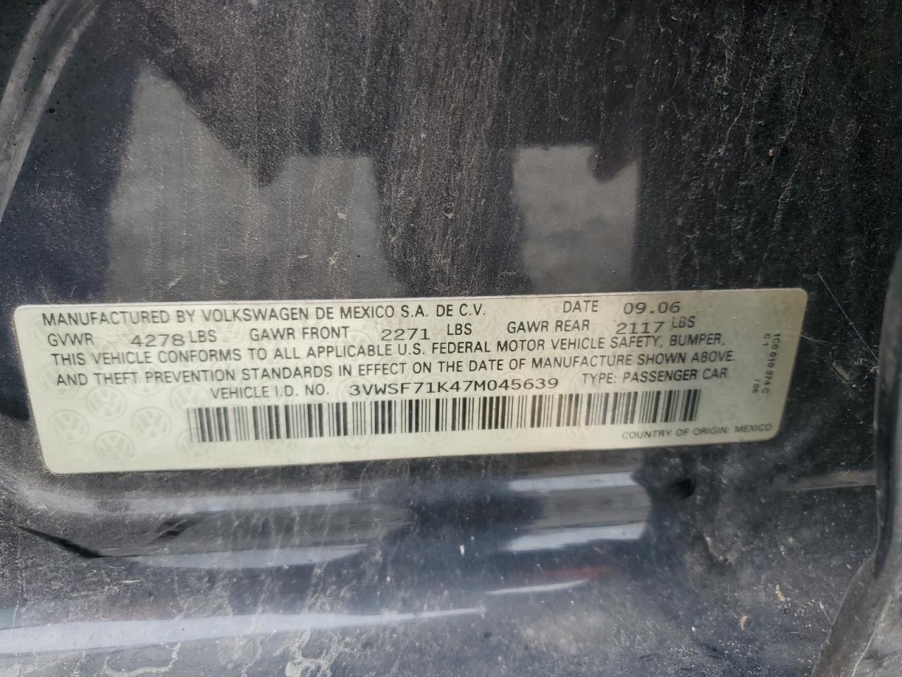 2007 Volkswagen Jetta 2.5 Option Package 1 VIN: 3VWSF71K47M045639 Lot: 65707185
