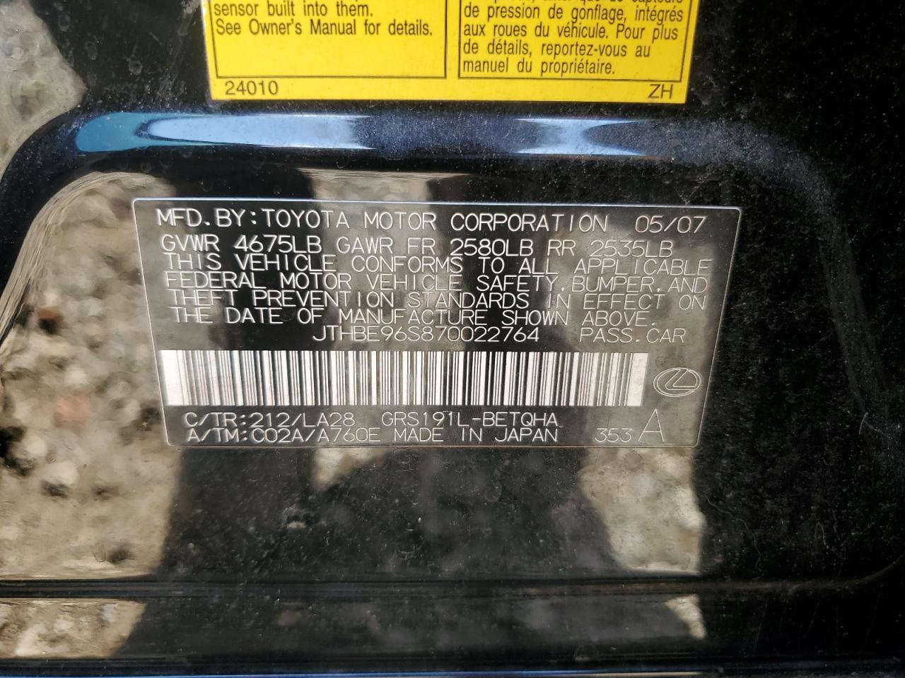 2007 Lexus Gs 350 VIN: JTHBE96S870022764 Lot: 64799335