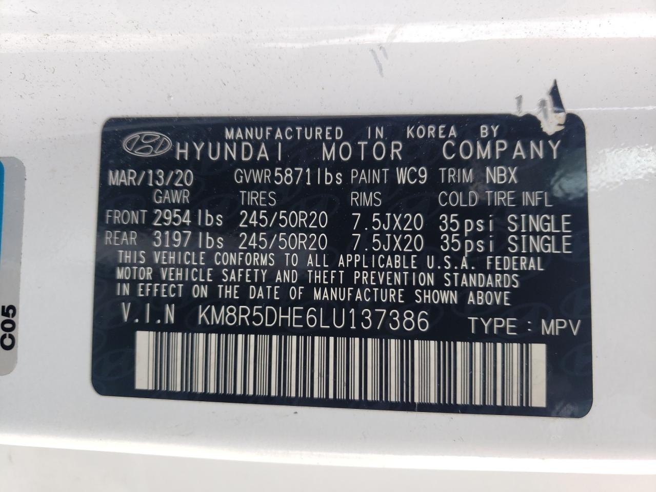 2020 Hyundai Palisade Limited VIN: KM8R5DHE6LU137386 Lot: 64253535