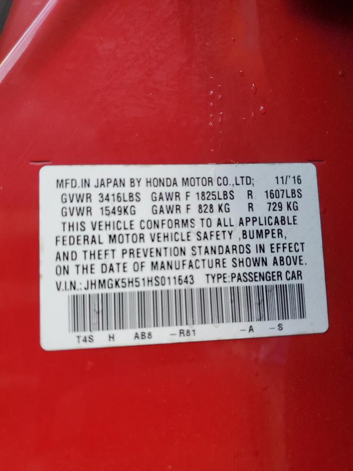 2017 Honda Fit Lx VIN: JHMGK5H51HS011643 Lot: 63824255