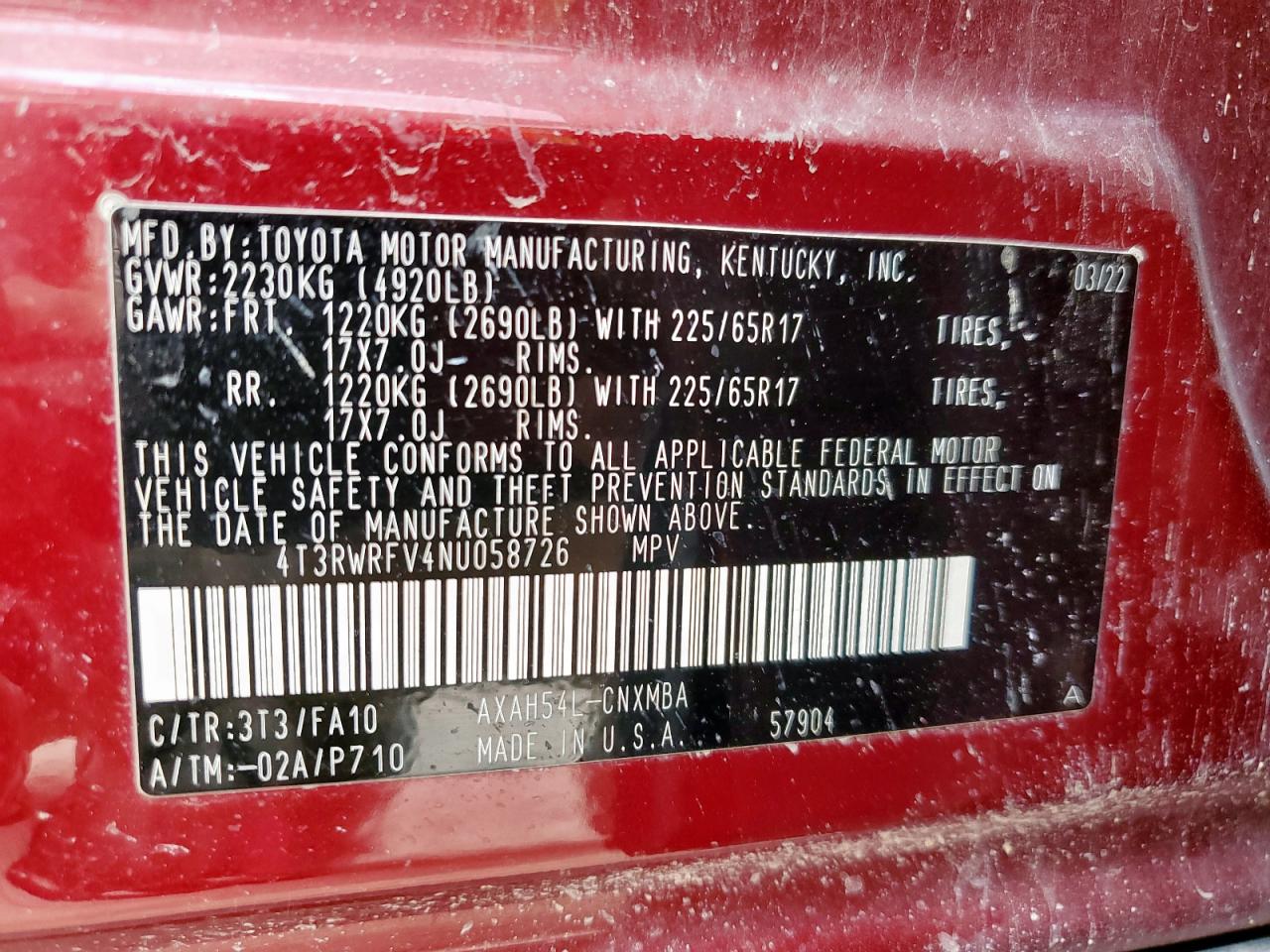 2022 Toyota Rav4 Xle VIN: 4T3RWRFV4NU058726 Lot: 65245315