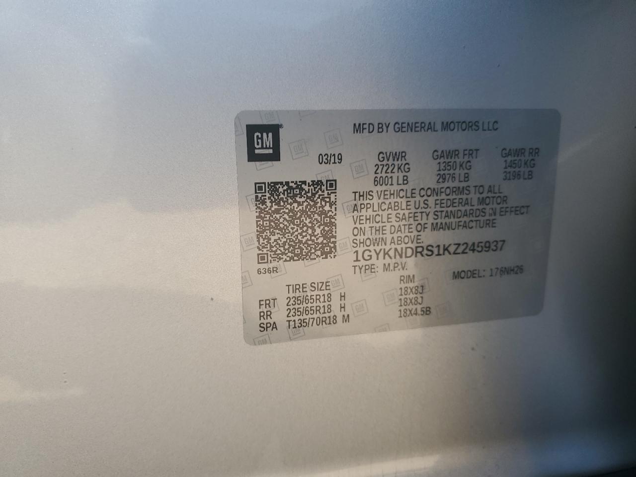 2019 Cadillac Xt5 Luxury VIN: 1GYKNDRS1KZ245937 Lot: 65789685