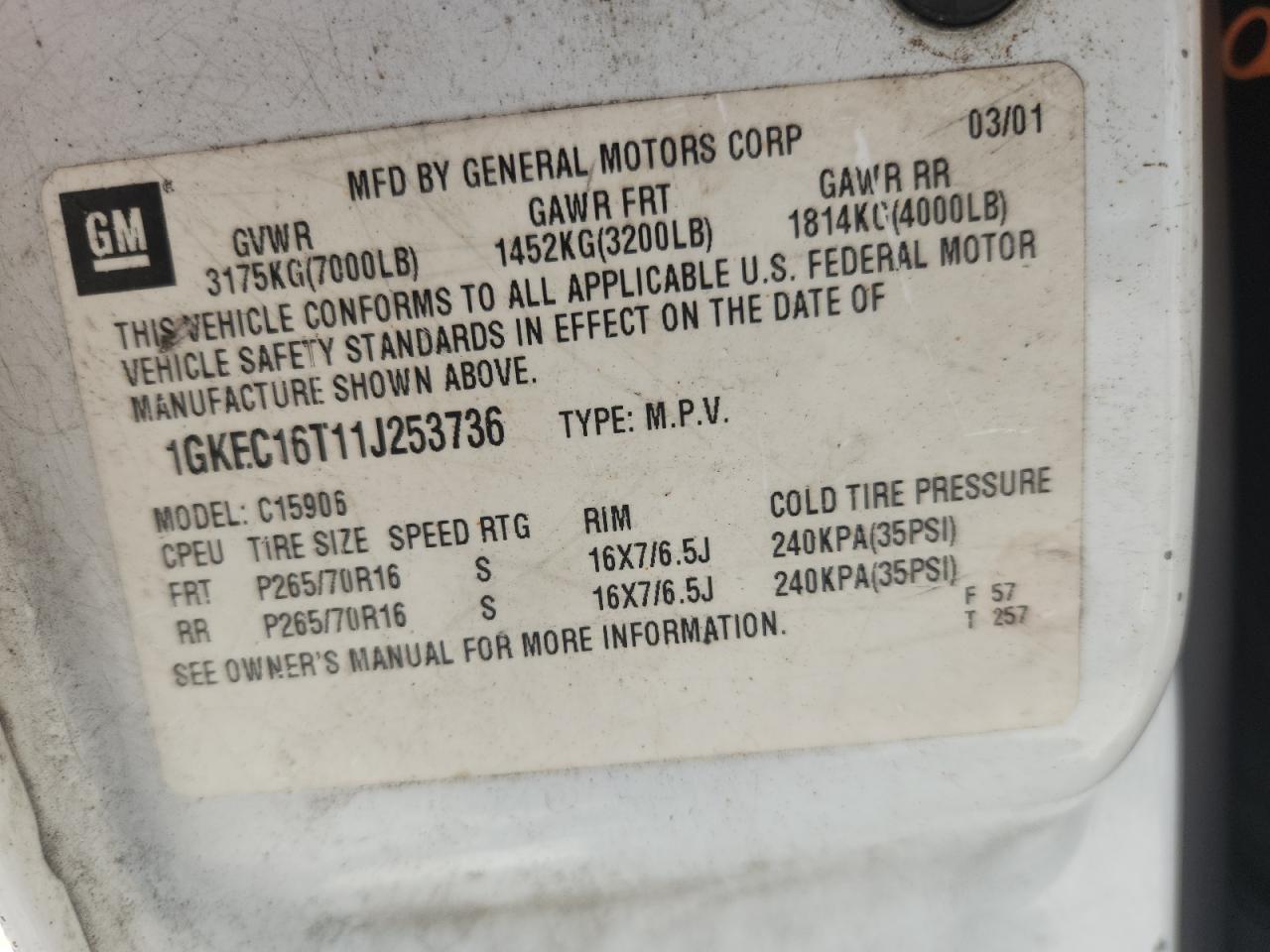 2001 GMC Yukon Xl C1500 VIN: 1GKEC16T11J253736 Lot: 62913705