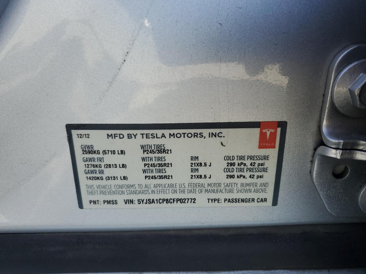2012 Tesla Model S VIN: 5YJSA1CP8CFP02772 Lot: 64779345