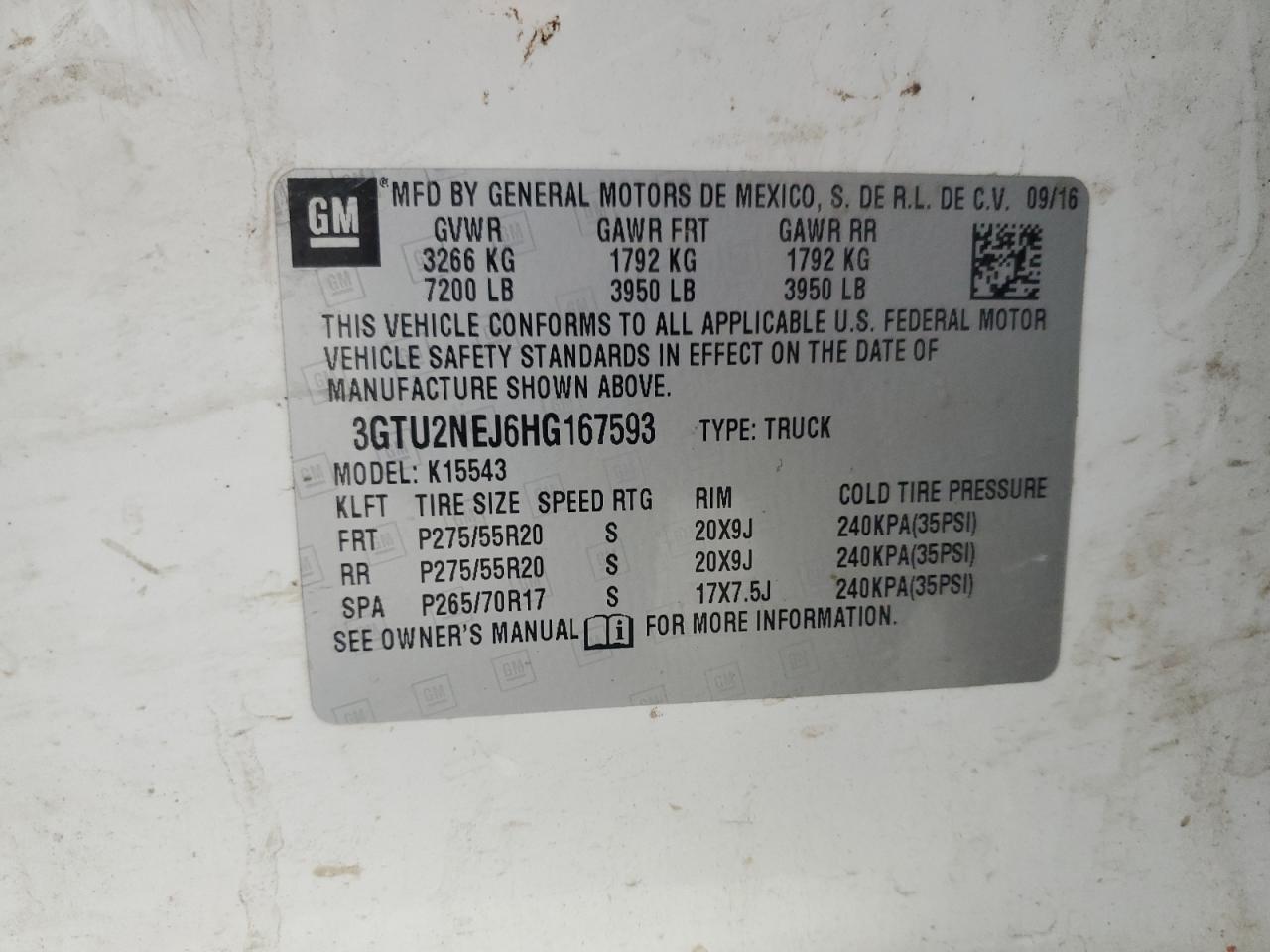 2017 GMC Sierra K1500 Slt VIN: 3GTU2NEJ6HG167593 Lot: 66686805