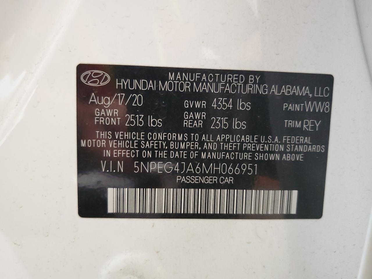 2021 Hyundai Sonata Se VIN: 5NPEG4JA6MH066951 Lot: 63592335