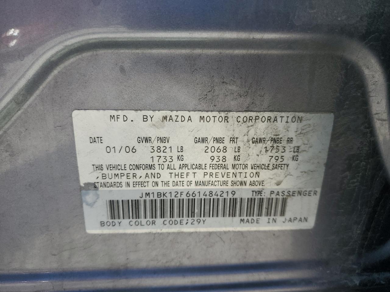 2006 Mazda 3 I VIN: JM1BK12F661484219 Lot: 64512565