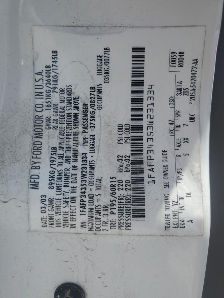 2003 Ford Focus Se Comfort VIN: 1FAFP34353W231334 Lot: 63844205