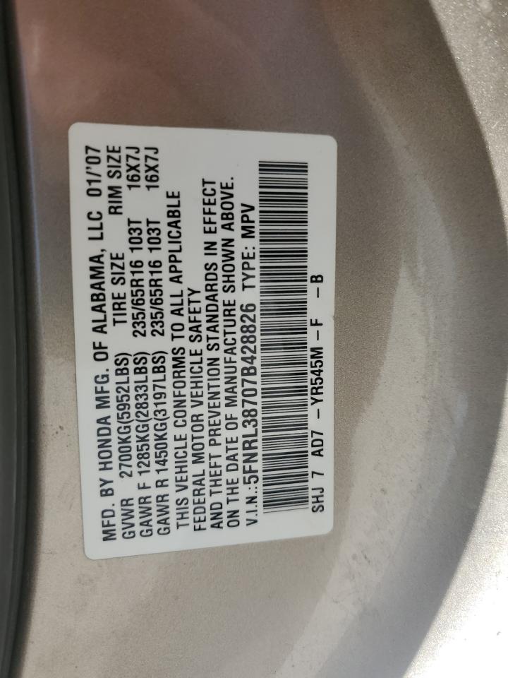 2007 Honda Odyssey Exl VIN: 5FNRL38707B428826 Lot: 65786445