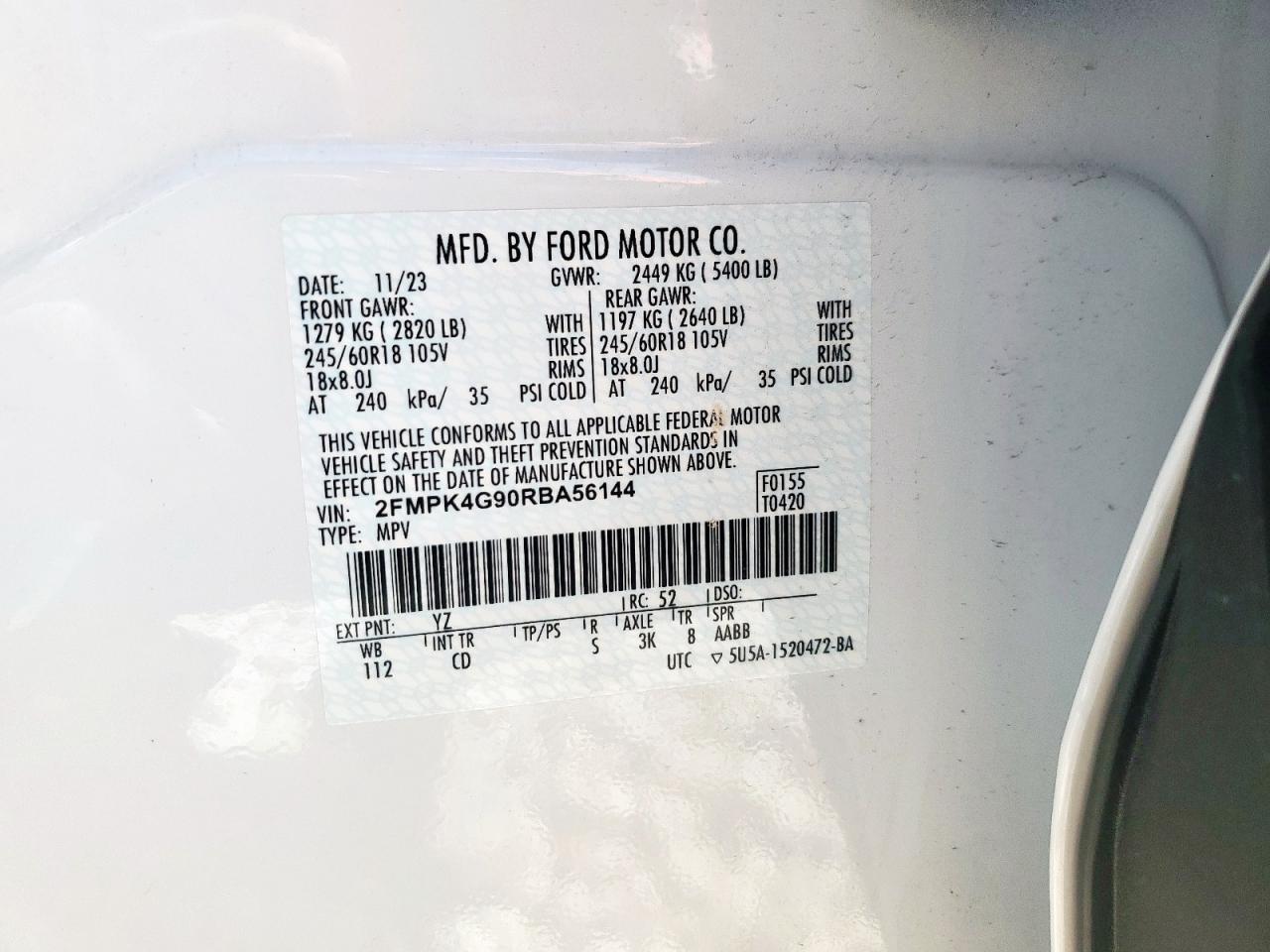 2024 Ford Edge Se VIN: 2FMPK4G90RBA56144 Lot: 65231755