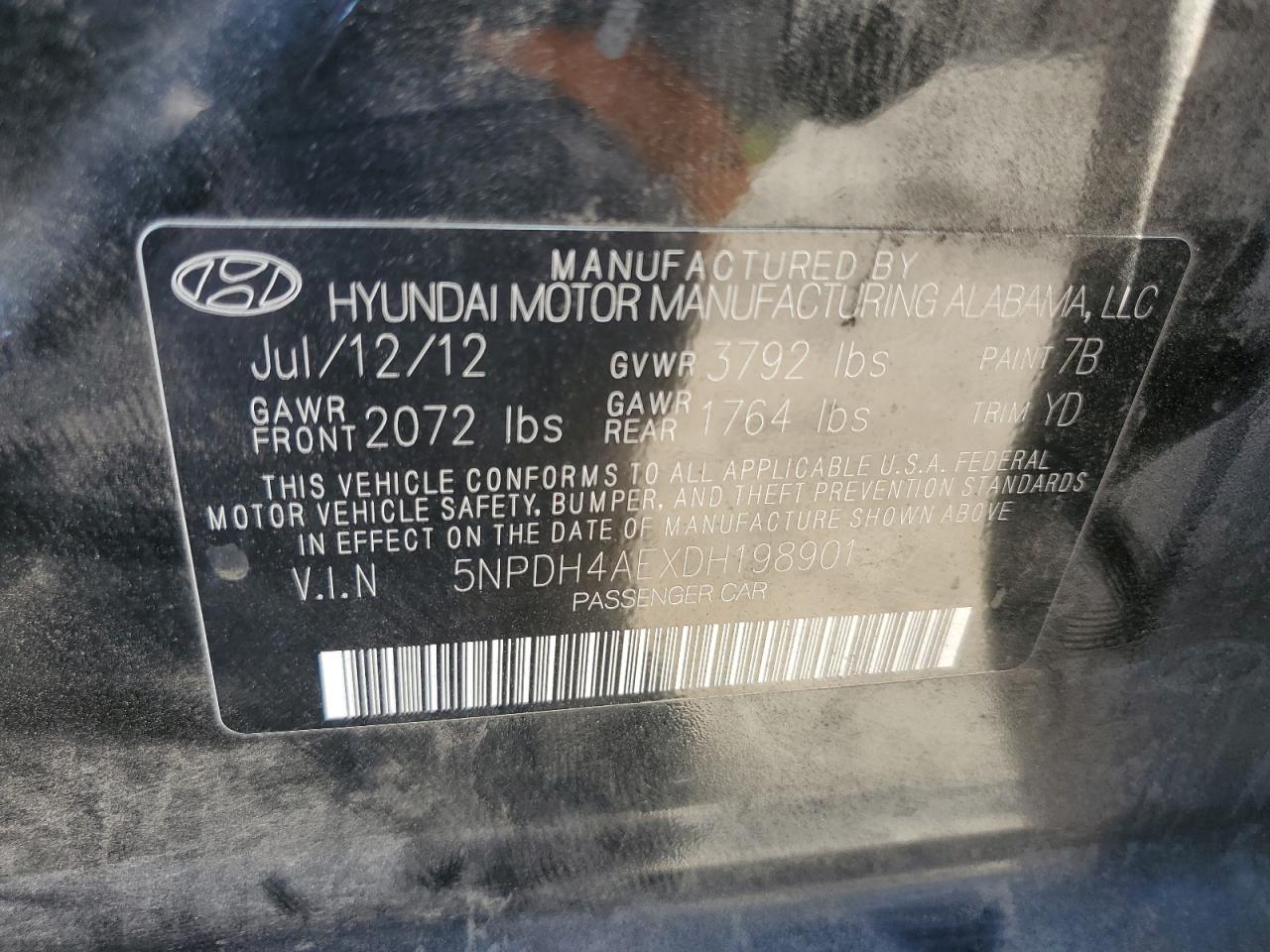 2013 Hyundai Elantra Gls VIN: 5NPDH4AEXDH198901 Lot: 66717595