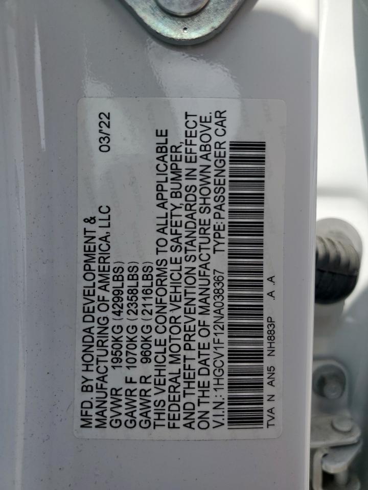 2022 Honda Accord Lx VIN: 1HGCV1F12NA038367 Lot: 63439265