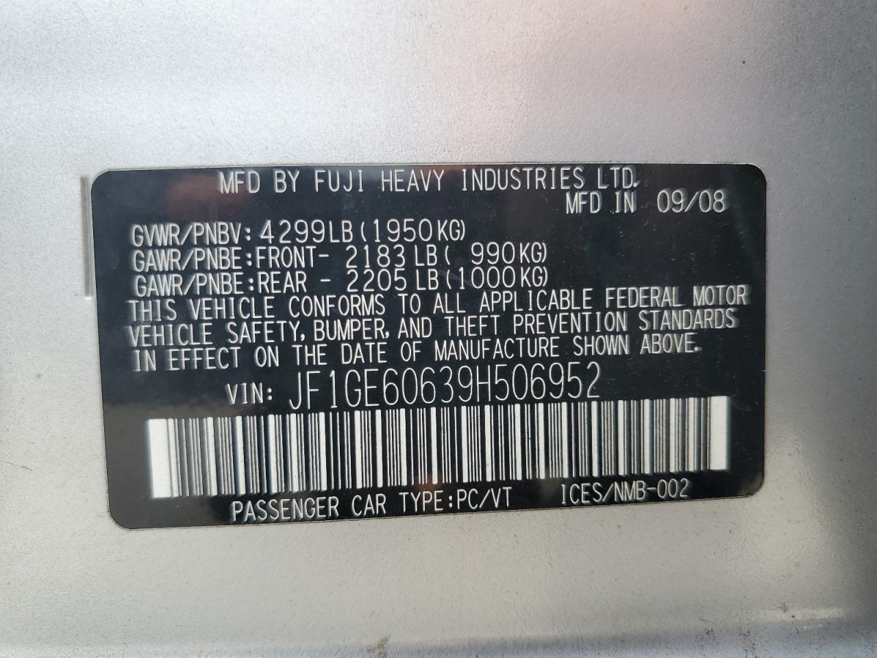 2009 Subaru Impreza 2.5I Premium VIN: JF1GE60639H506952 Lot: 64980395