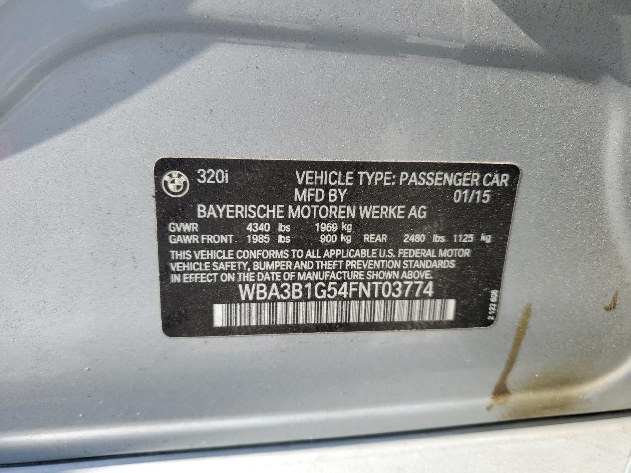 2015 BMW 320 I VIN: WBA3B1G54FNT03774 Lot: 63754495