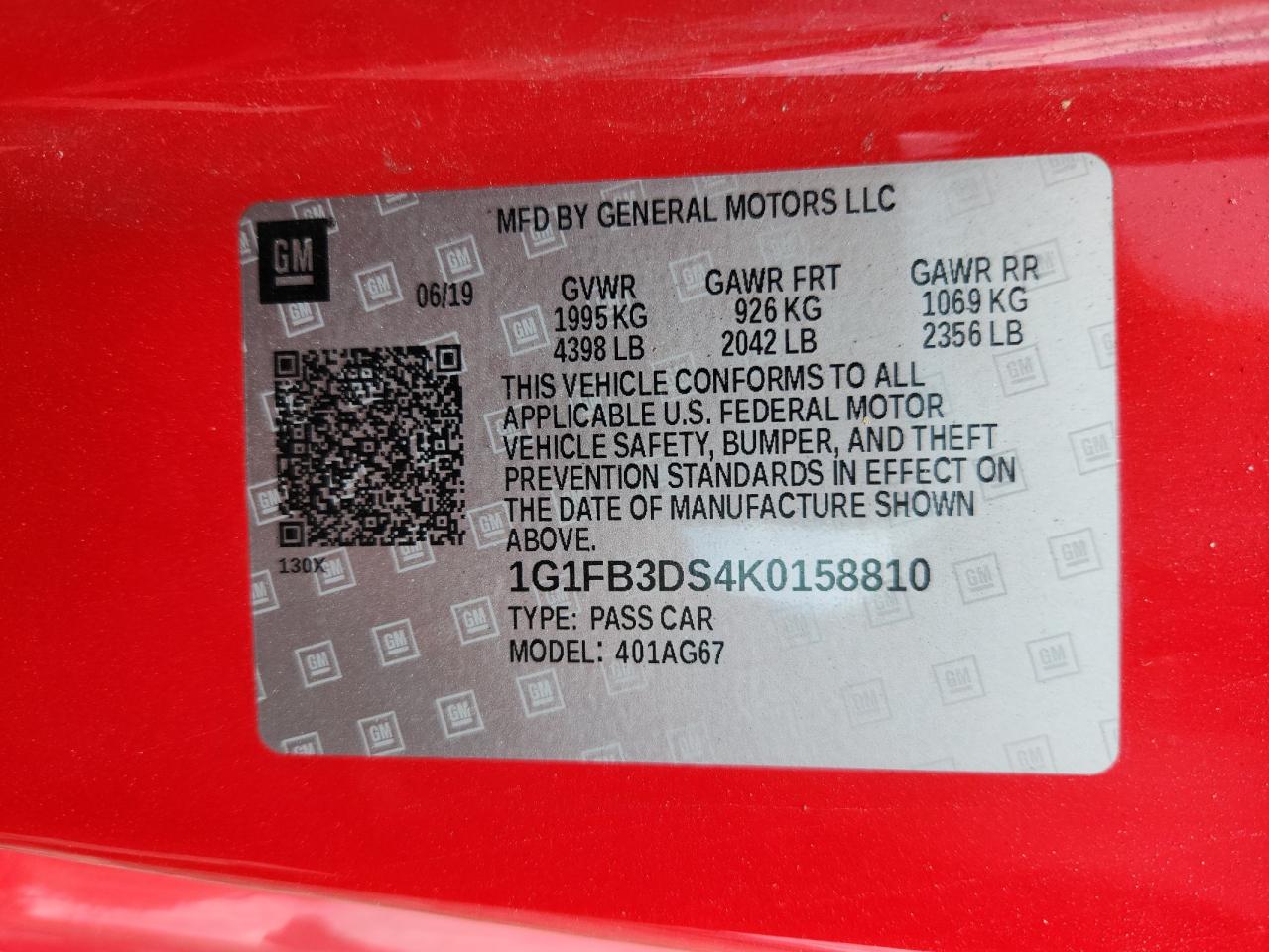 2019 Chevrolet Camaro Ls VIN: 1G1FB3DS4K0158810 Lot: 65972655