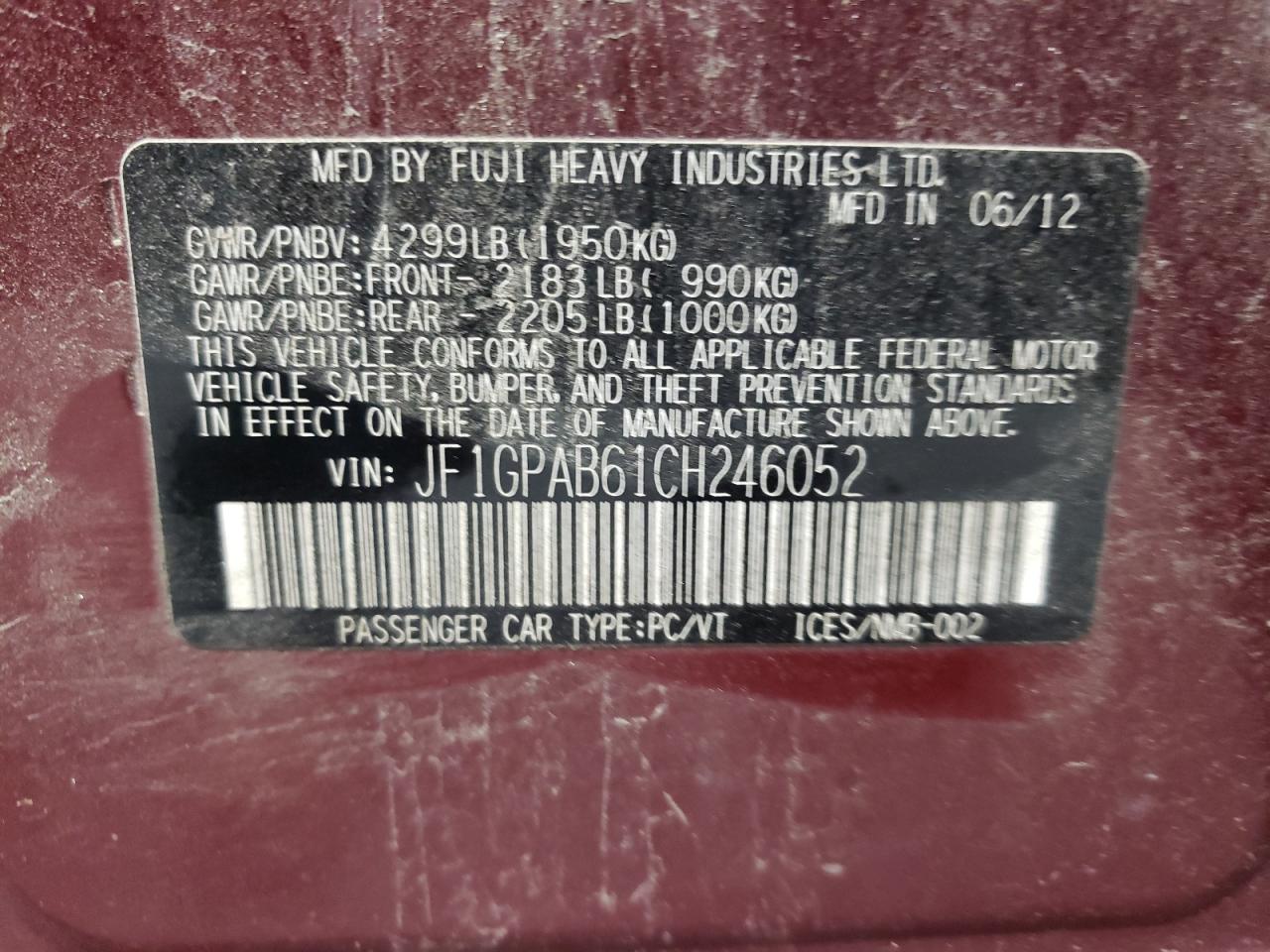 2012 Subaru Impreza Premium VIN: JF1GPAB61CH246052 Lot: 62679495