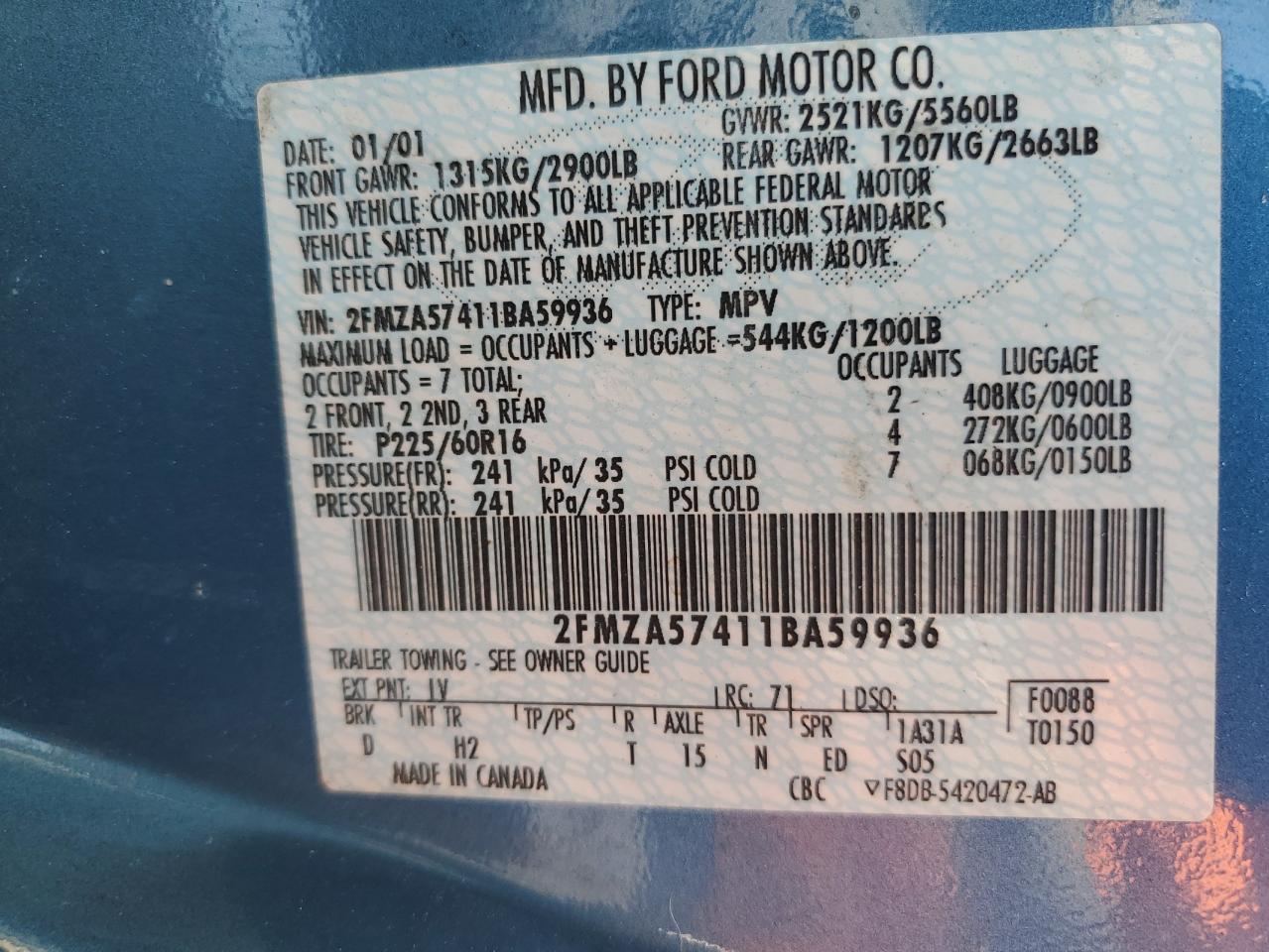 2fmza57411ba59936 2FMZA57411BA59936 2001 Ford Windstar Se Sport