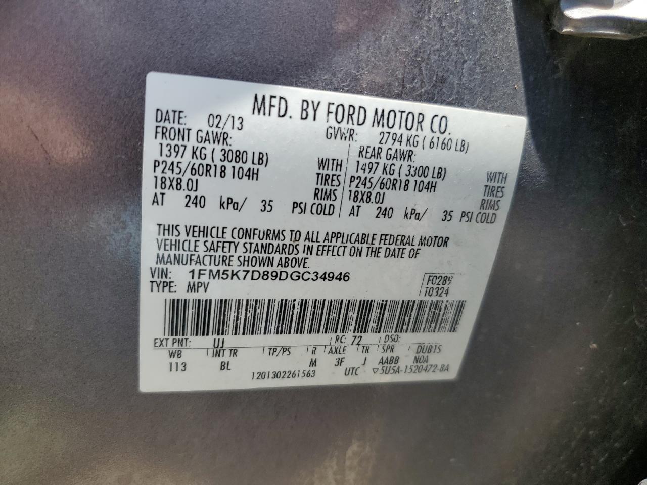 2013 Ford Explorer Xlt VIN: 1FM5K7D89DGC34946 Lot: 65068405