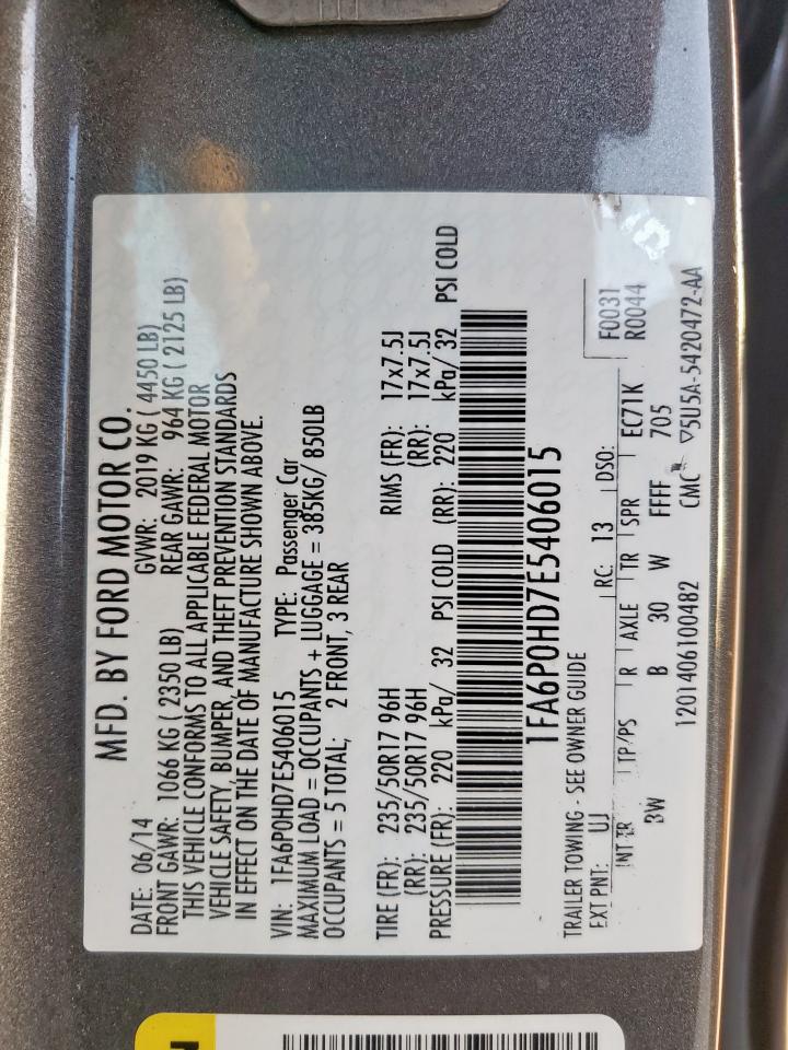 2014 Ford Fusion Se VIN: 1FA6P0HD7E5406015 Lot: 66445705