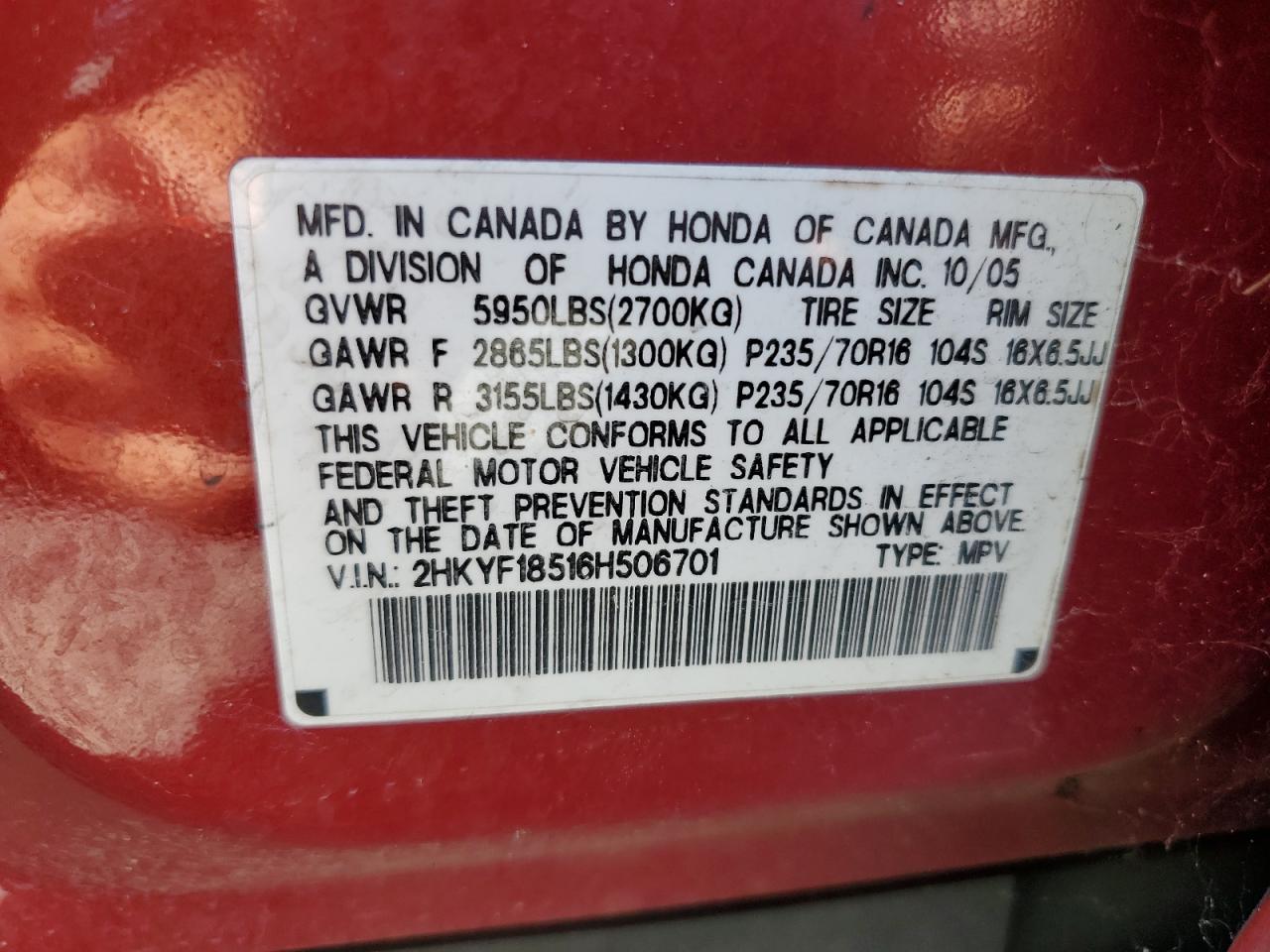 2006 Honda Pilot Ex VIN: 2HKYF18516H506701 Lot: 65165355