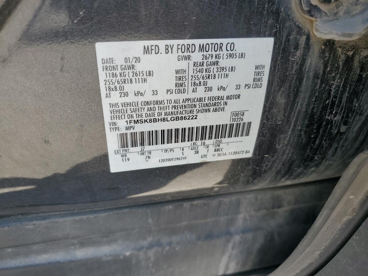 2020 Ford Explorer VIN: 1FMSK8BH8LGB86222 Lot: 63019555