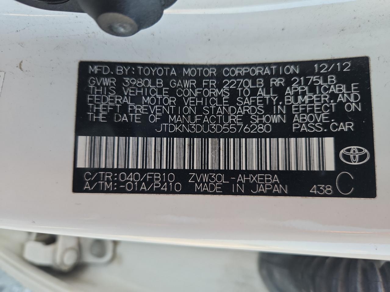 2013 Toyota Prius VIN: JTDKN3DU3D5576280 Lot: 63585815