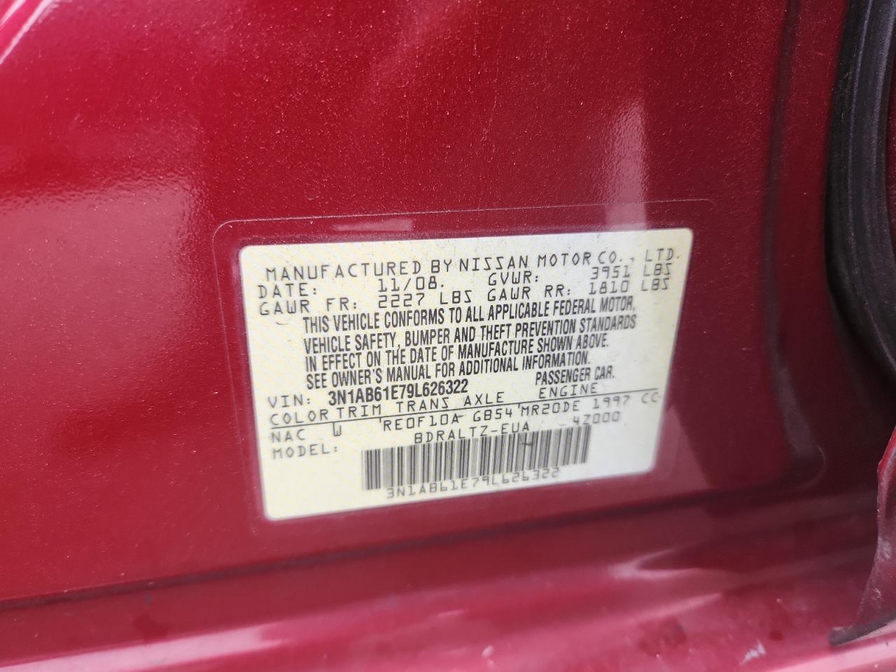 2009 Nissan Sentra 2.0 VIN: 3N1AB61E79L626322 Lot: 64479125
