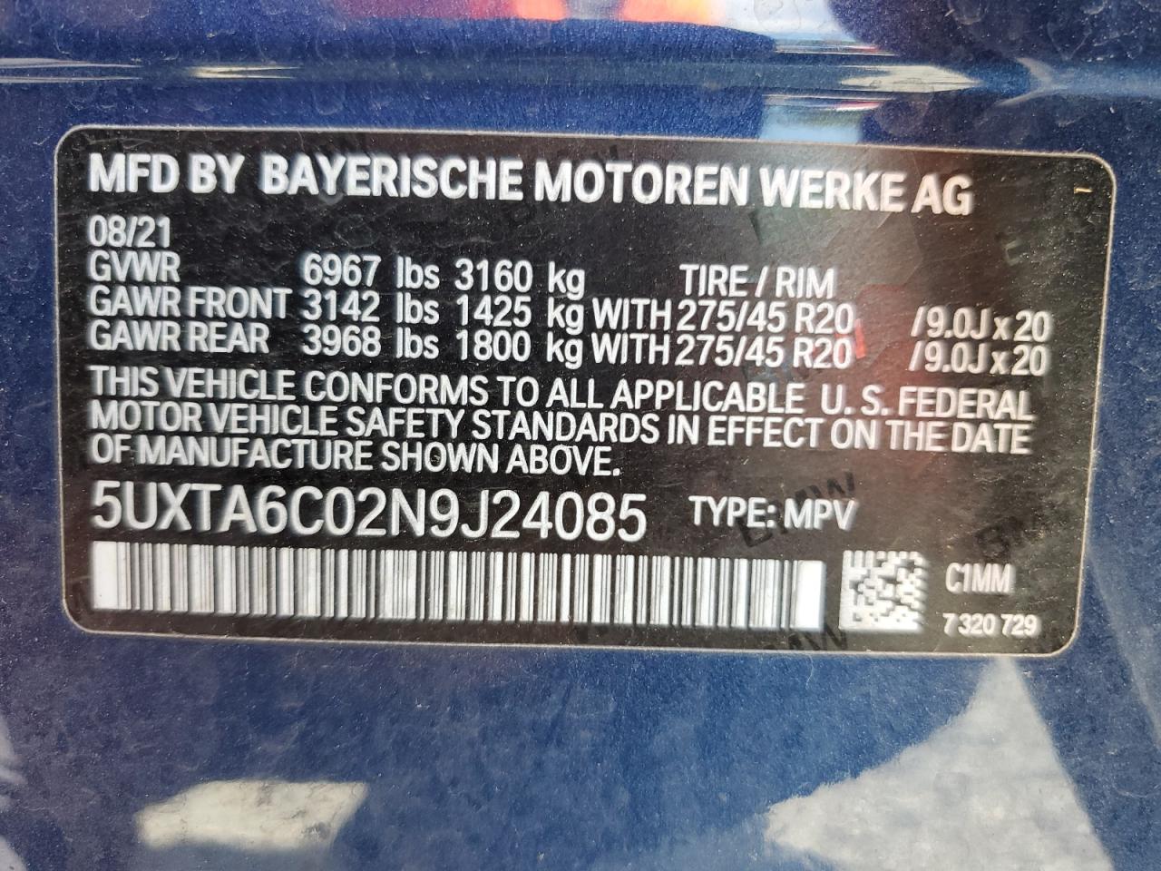 2022 BMW X5 xDrive45E VIN: 5UXTA6C02N9J24085 Lot: 64616535
