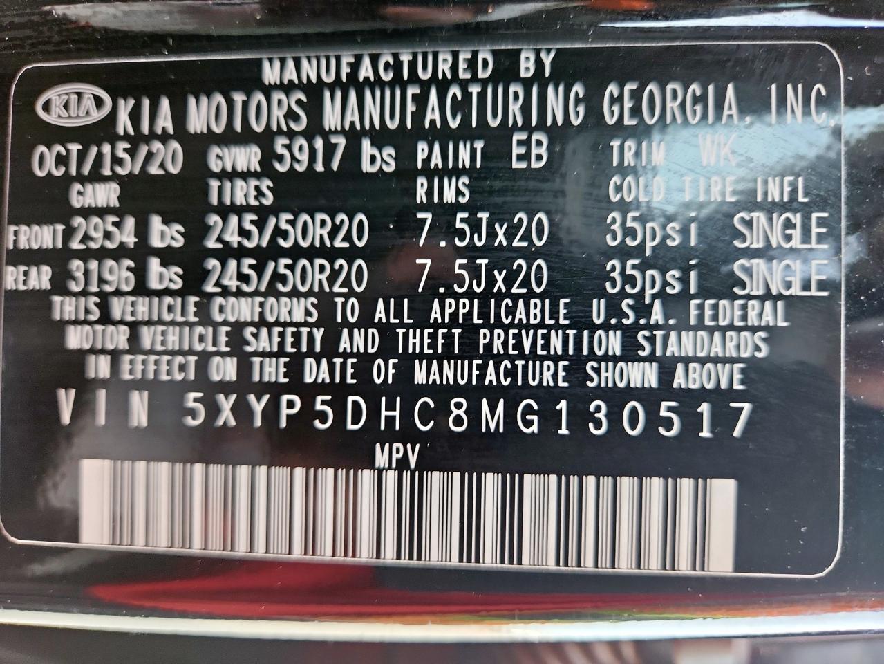 2021 Kia Telluride Sx VIN: 5XYP5DHC8MG130517 Lot: 63193085