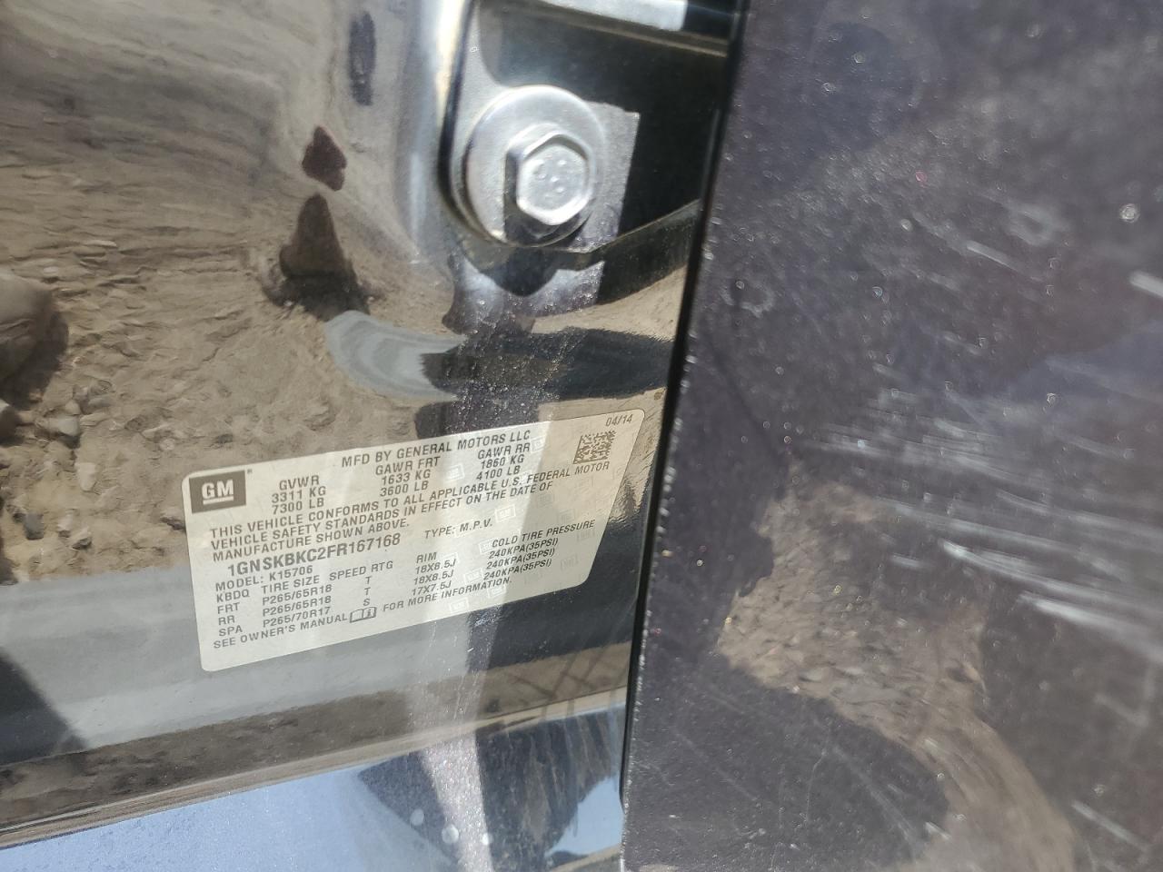 2015 Chevrolet Tahoe K1500 Lt VIN: 1GNSKBKC2FR167168 Lot: 65445475