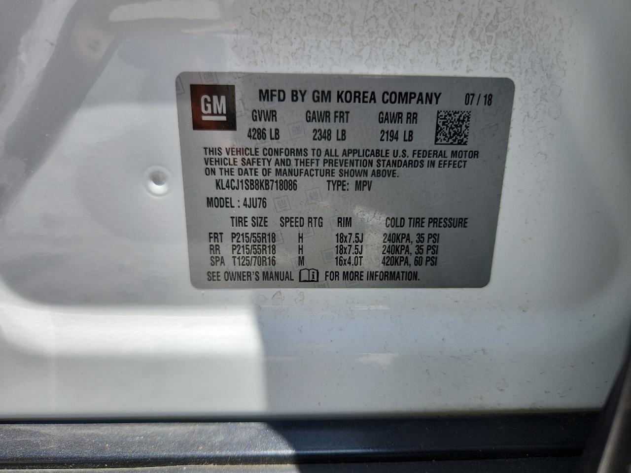 2019 Buick Encore Sport Touring VIN: KL4CJ1SB8KB718086 Lot: 64833505