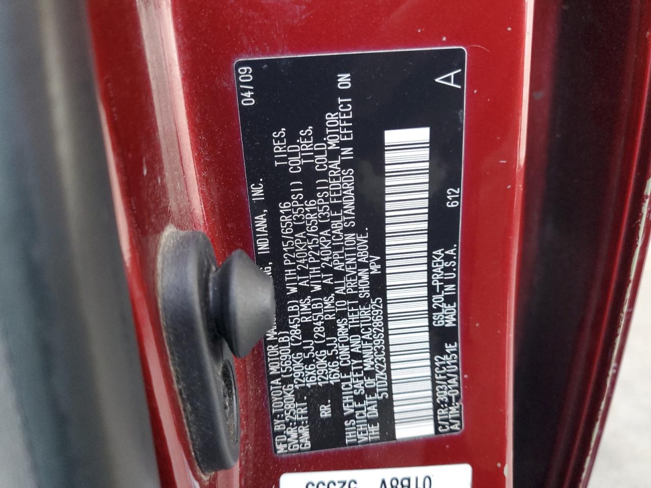 2009 Toyota Sienna Ce VIN: 5TDZK23C39S286925 Lot: 63298585