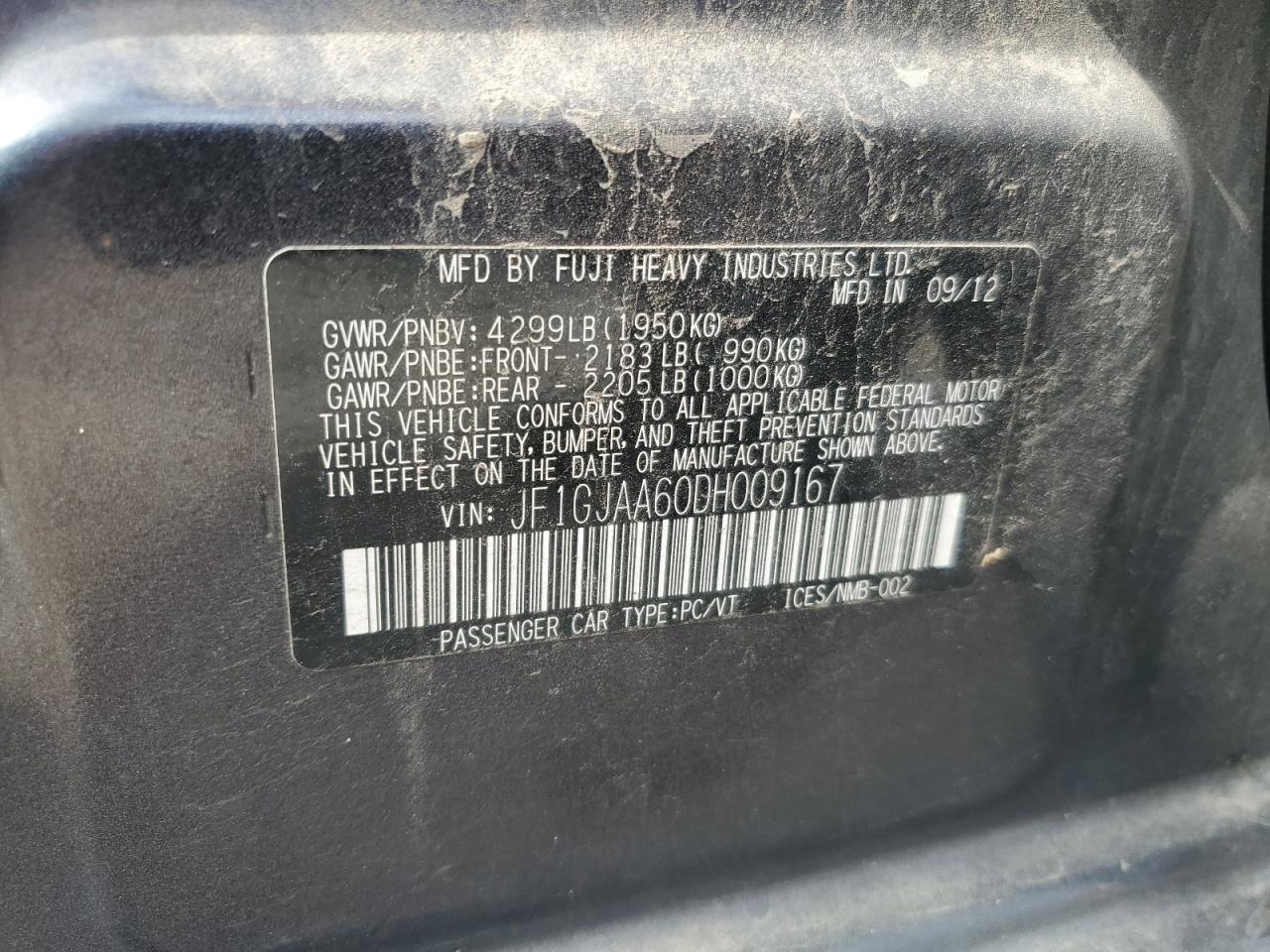 2013 Subaru Impreza VIN: JF1GJAA60DH009167 Lot: 64514215