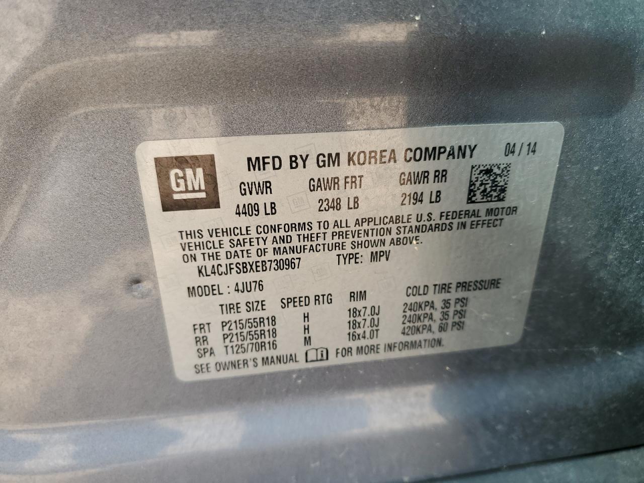 2014 Buick Encore Convenience VIN: KL4CJFSBXEB730967 Lot: 63815895