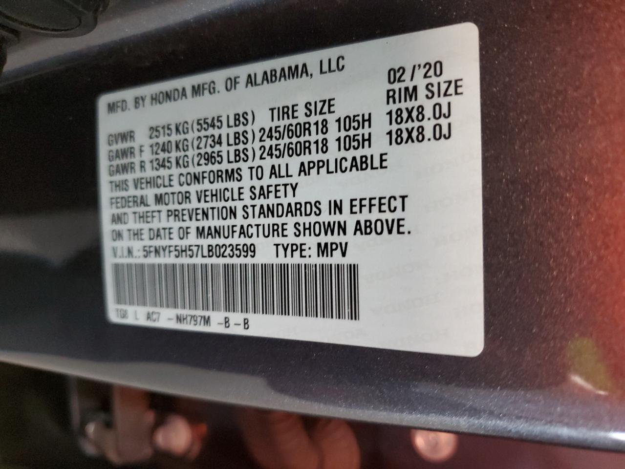 2020 Honda Pilot Exl VIN: 5FNYF5H57LB023599 Lot: 64442585