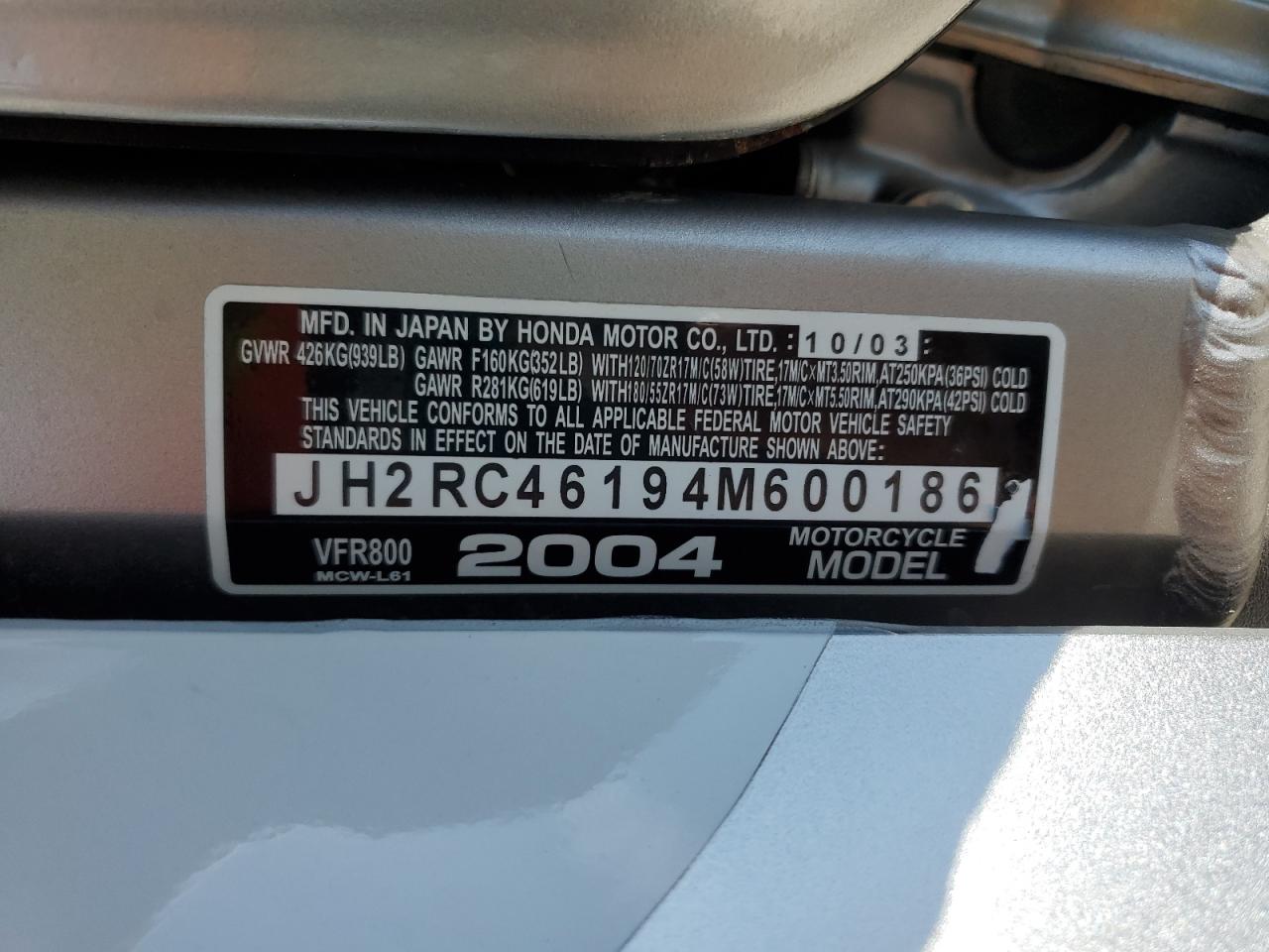 2004 Honda Vfr800 VIN: JH2RC46194M600186 Lot: 63207975