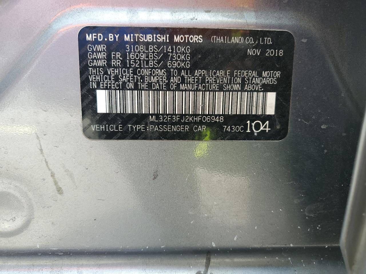 ML32F3FJ2KHF06948 2019 Mitsubishi Mirage G4 Es