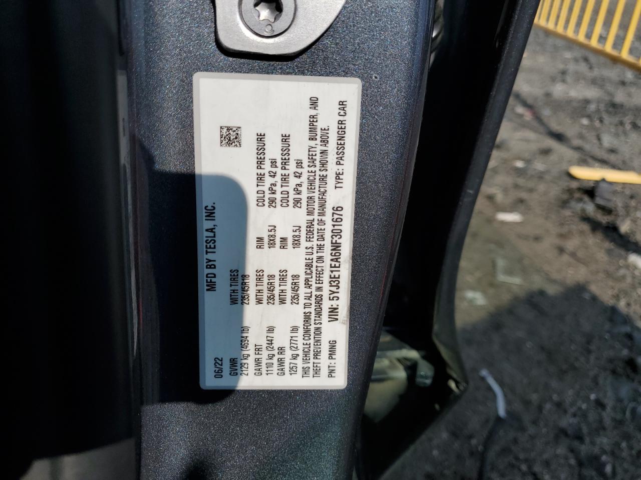 2022 Tesla Model 3 VIN: 5YJ3E1EA6NF301676 Lot: 64578425