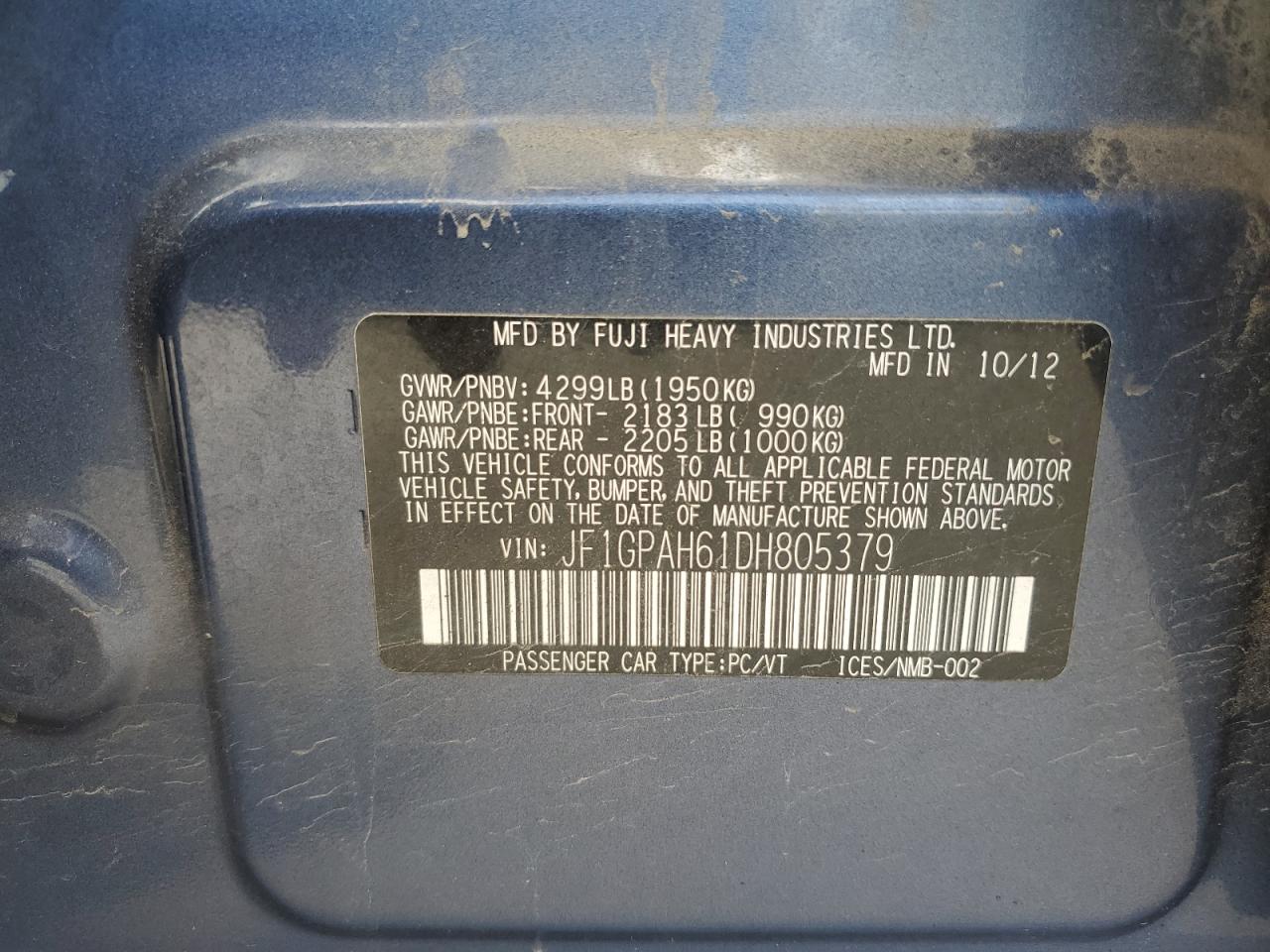 2013 Subaru Impreza Limited VIN: JF1GPAH61DH805379 Lot: 63833205