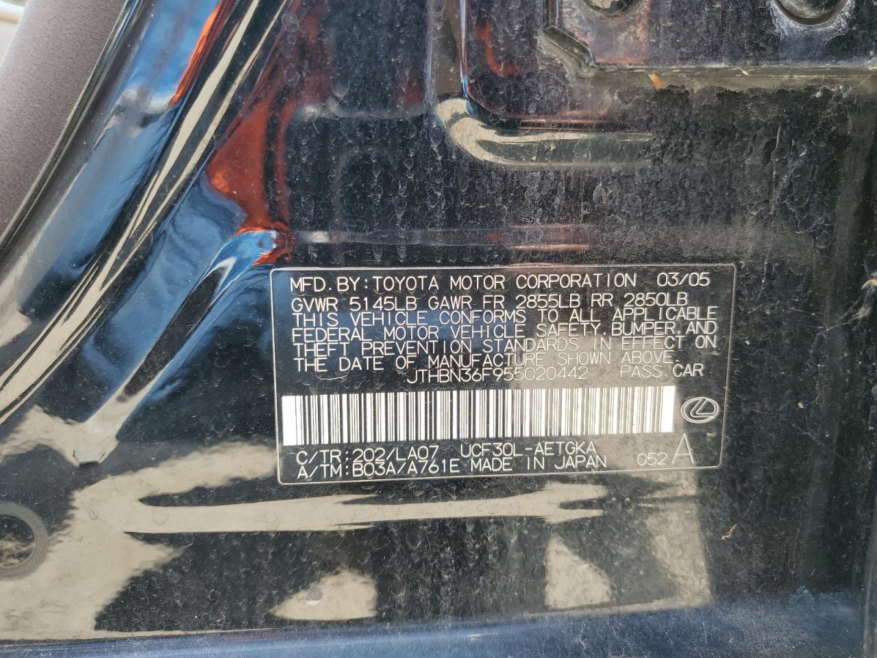 jthbn36f955020442 JTHBN36F955020442 2005 Lexus Ls 430
