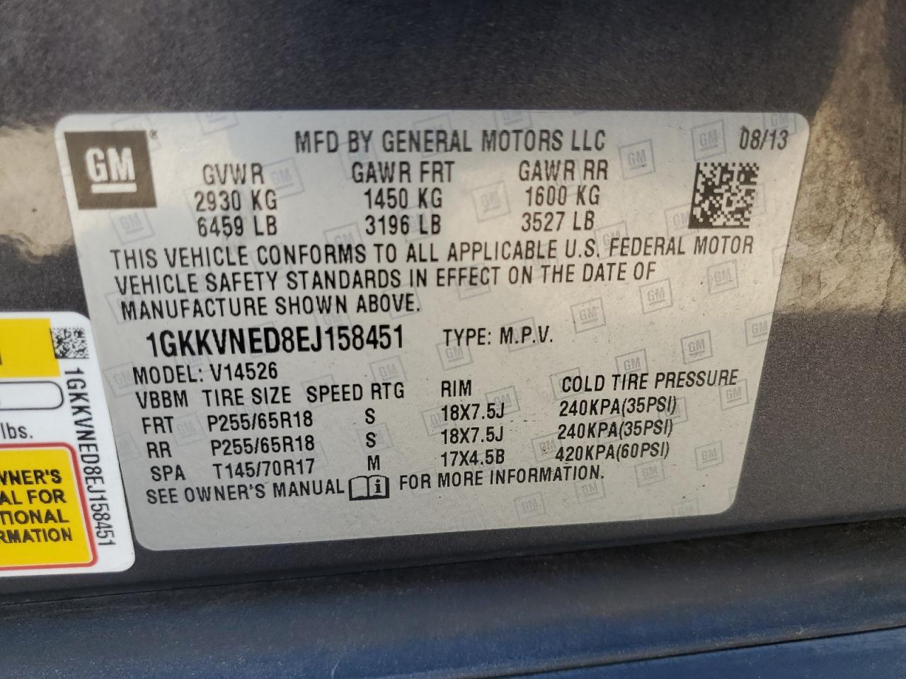 2014 GMC Acadia Sle VIN: 1GKKVNED8EJ158451 Lot: 64294665