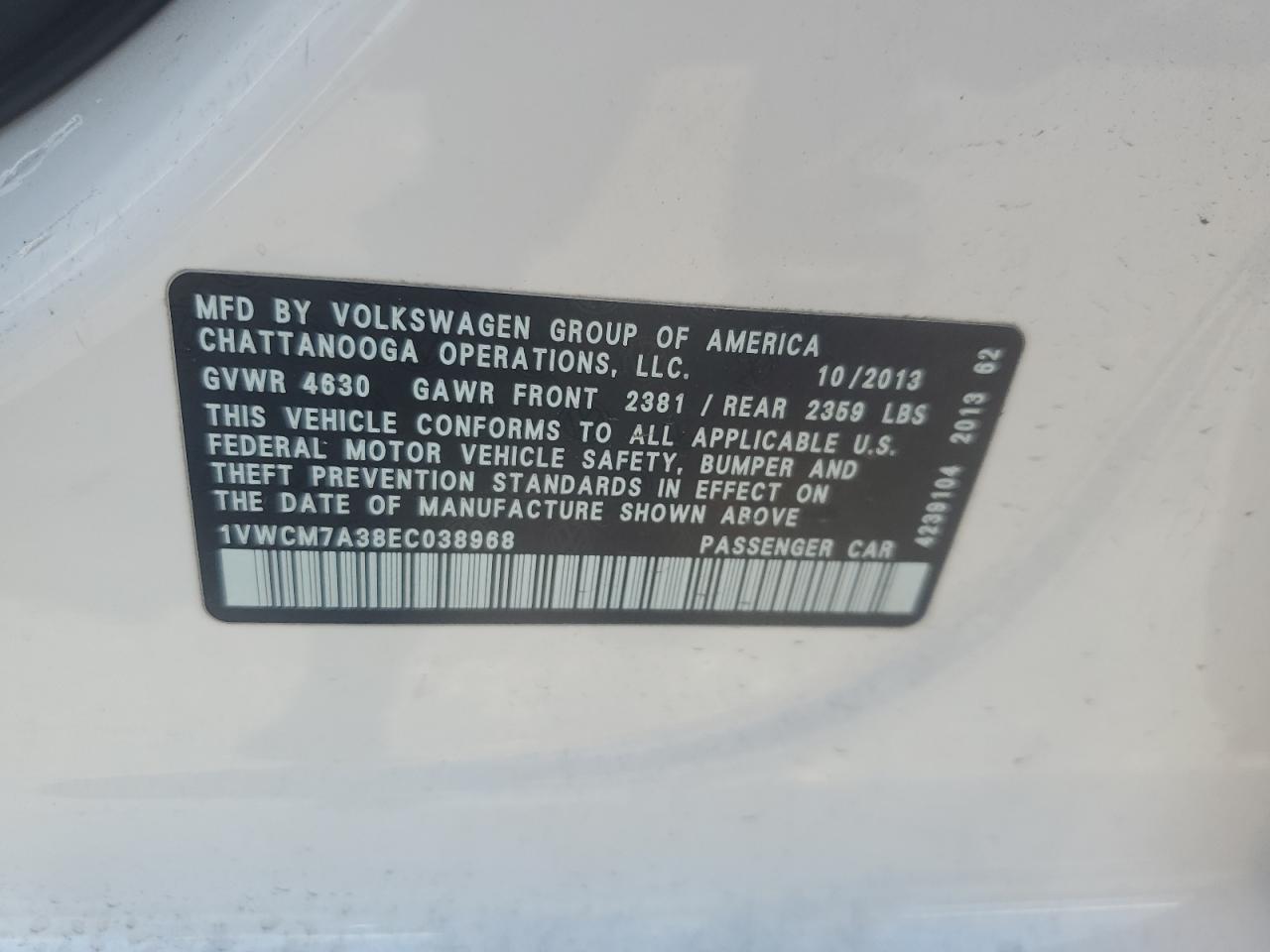 2014 Volkswagen Passat Sel VIN: 1VWCM7A38EC038968 Lot: 65131735