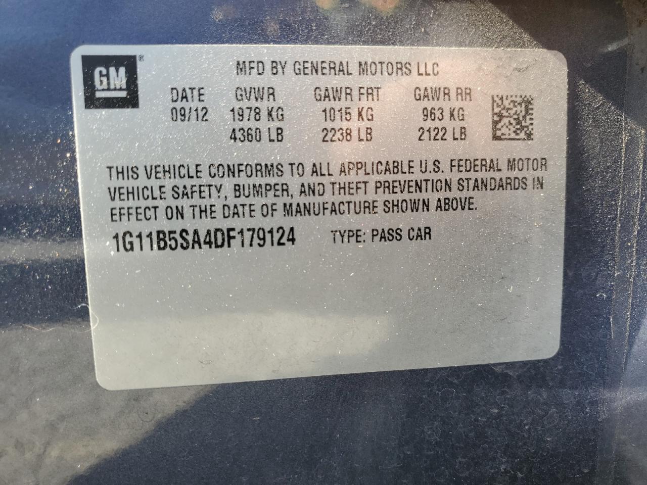 2013 Chevrolet Malibu Ls VIN: 1G11B5SA4DF179124 Lot: 63668445
