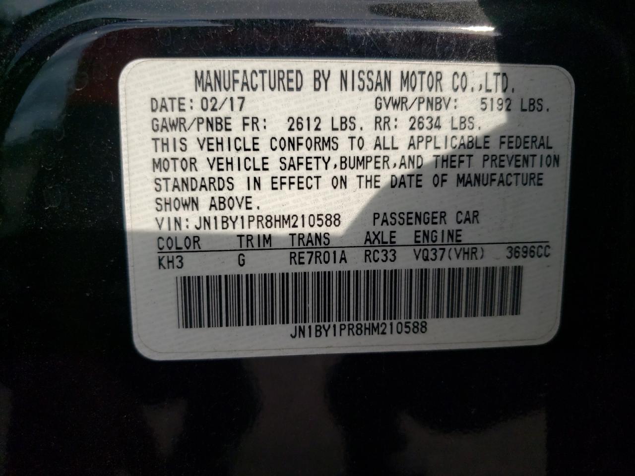 2017 Infiniti Q70L 3.7 VIN: JN1BY1PR8HM210588 Lot: 62315785