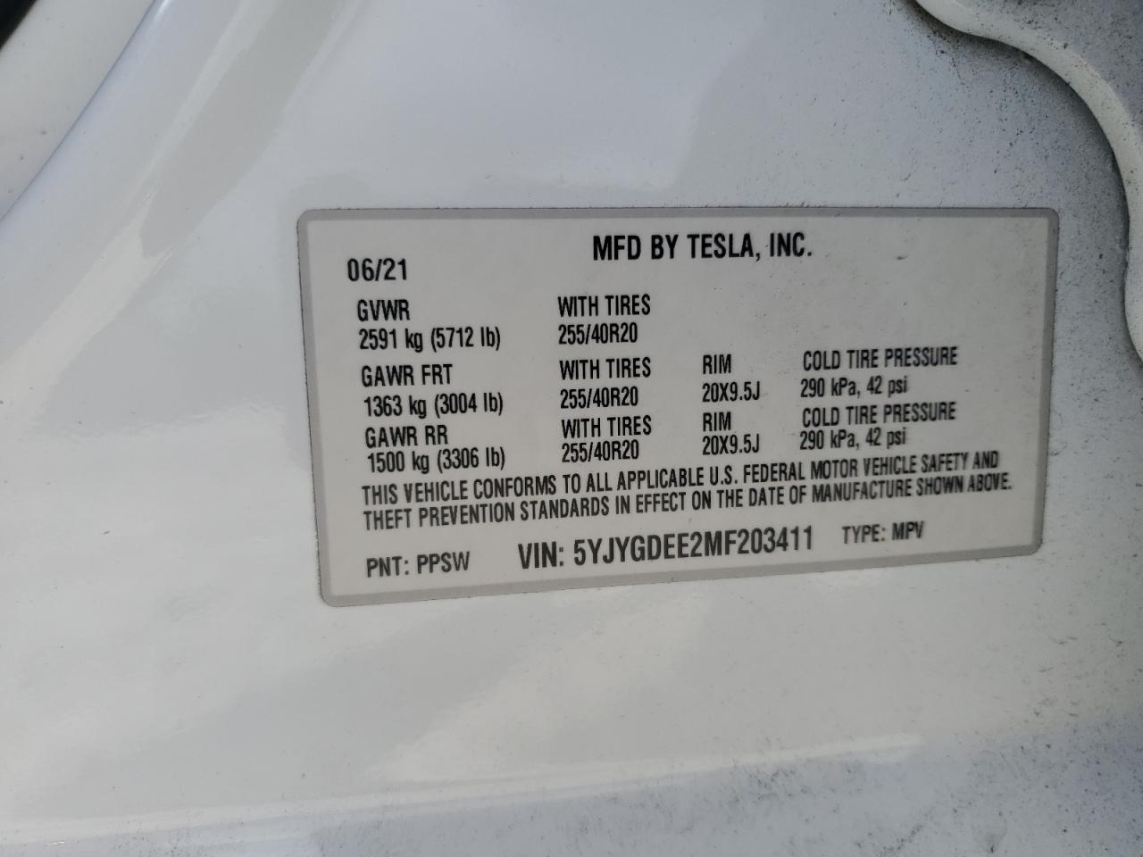 2021 Tesla Model Y VIN: 5YJYGDEE2MF203411 Lot: 63300685