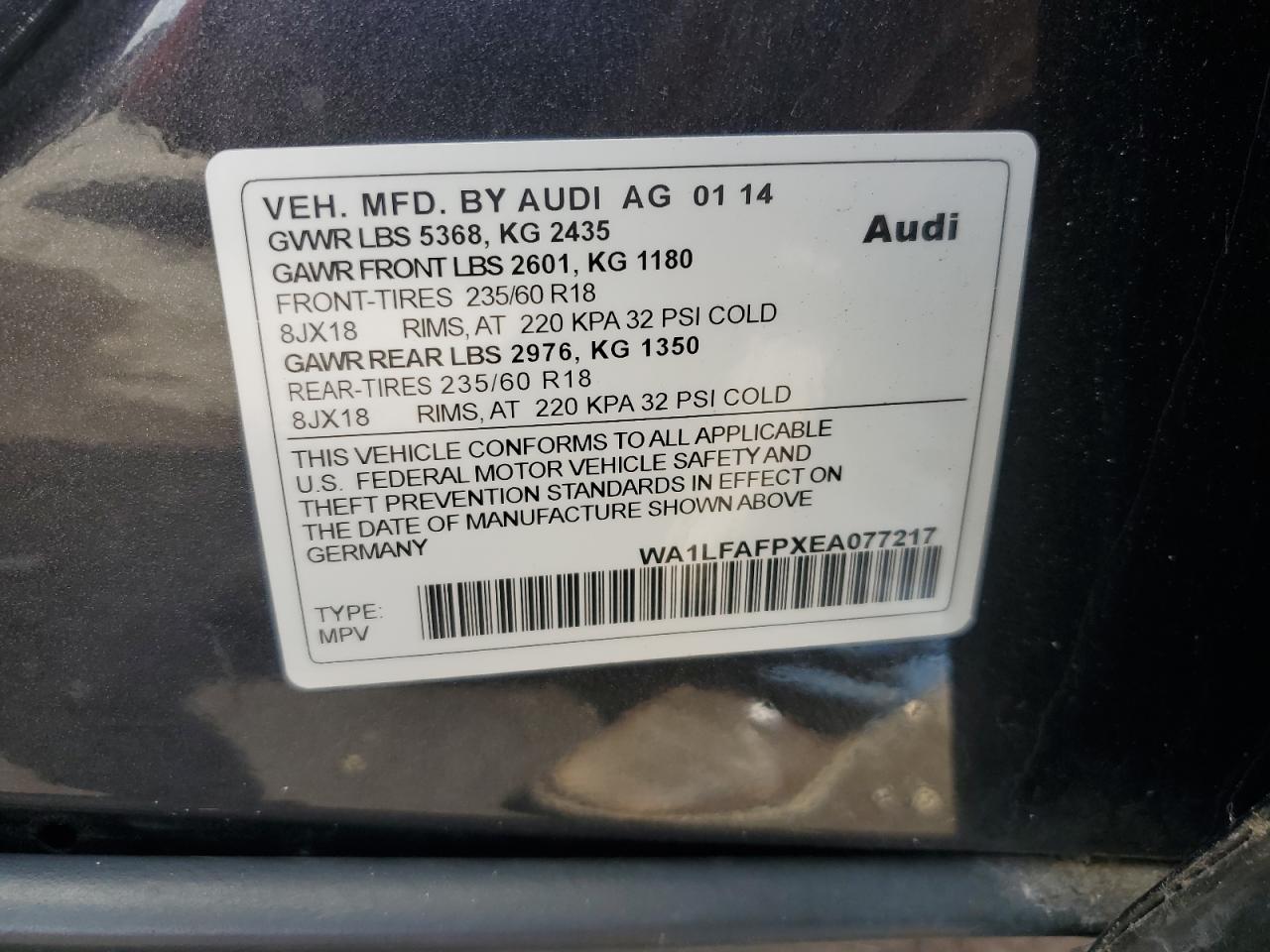 2014 Audi Q5 Premium Plus VIN: WA1LFAFPXEA077217 Lot: 64427965