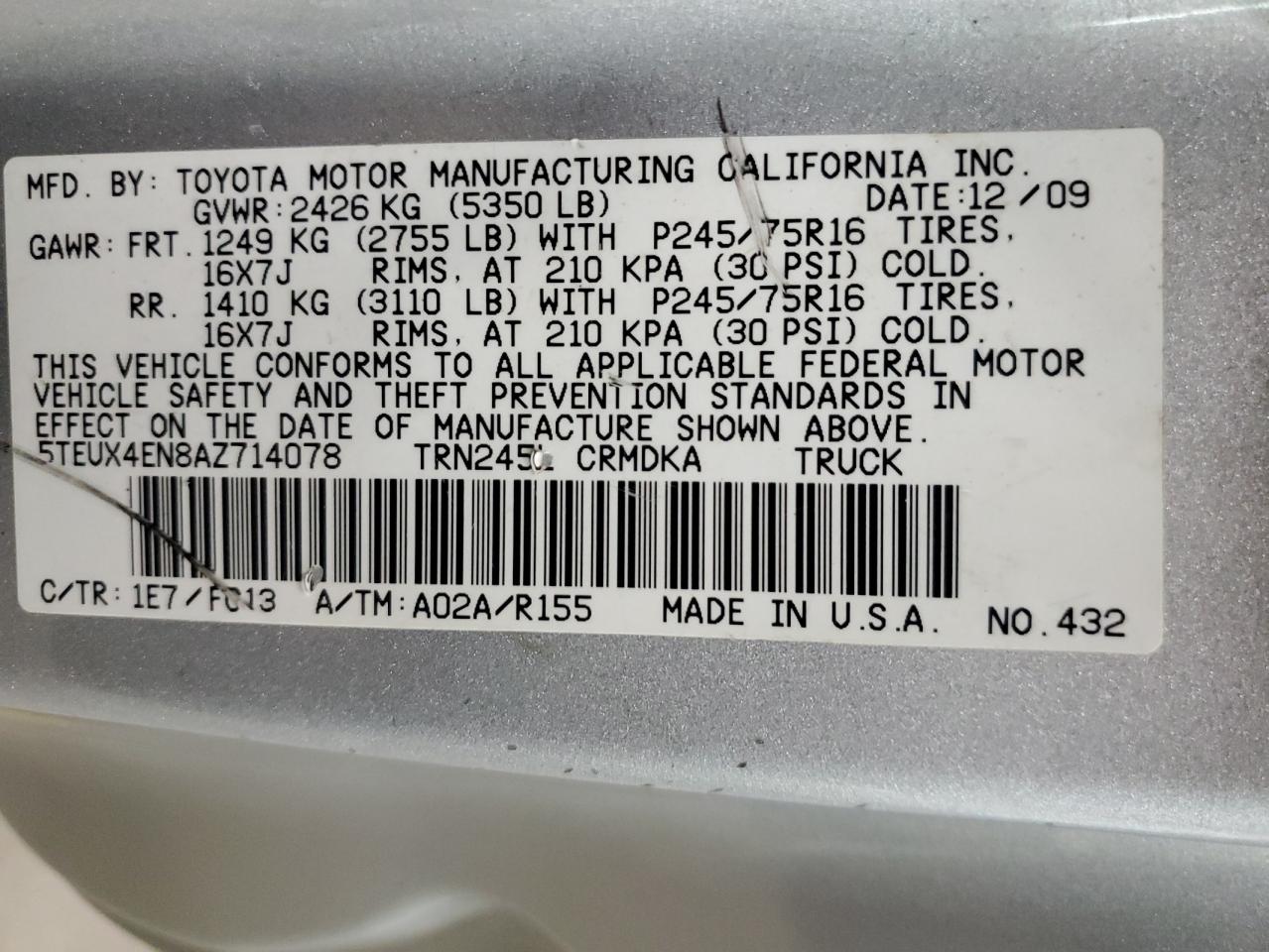 2010 Toyota Tacoma Access Cab VIN: 5TEUX4EN8AZ714078 Lot: 63650775