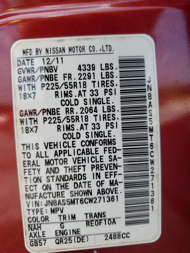 2012 Nissan Rogue S VIN: JN8AS5MT6CW271361 Lot: 71100485